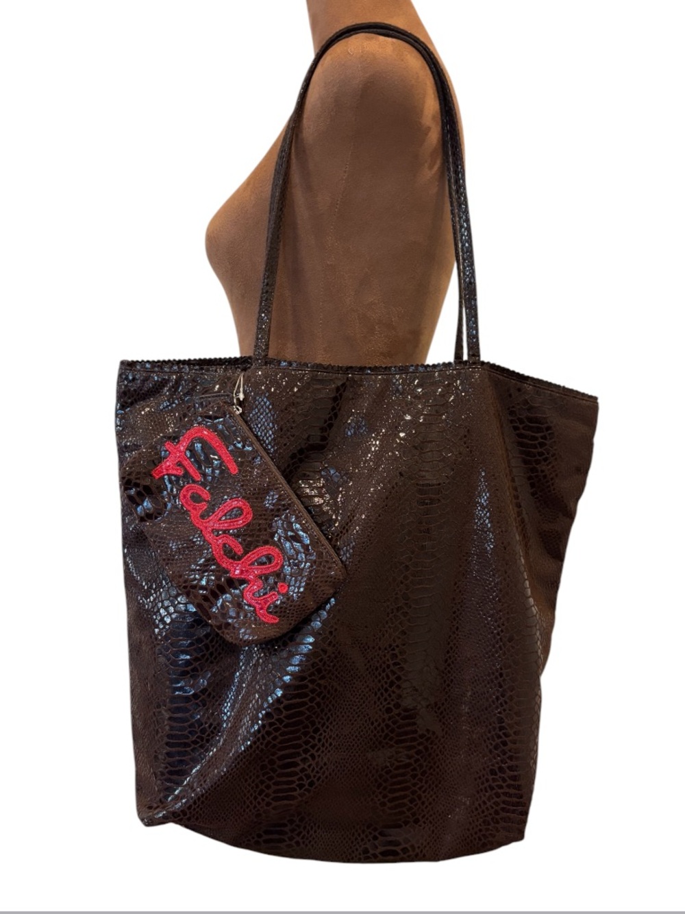 Carlos Falchi Fatto a Mano Snake Embossed Tote & Pouch NWOT